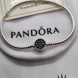 New Pandora Moments Sparkling Blue Disc Clasp Snake Chain Bracelet Size 7.1 inch